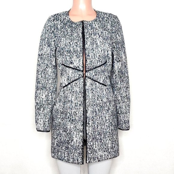 Peter Nygard Tunic Length Blazer Jacket Black White Silver Threading - Picture 1 of 5
